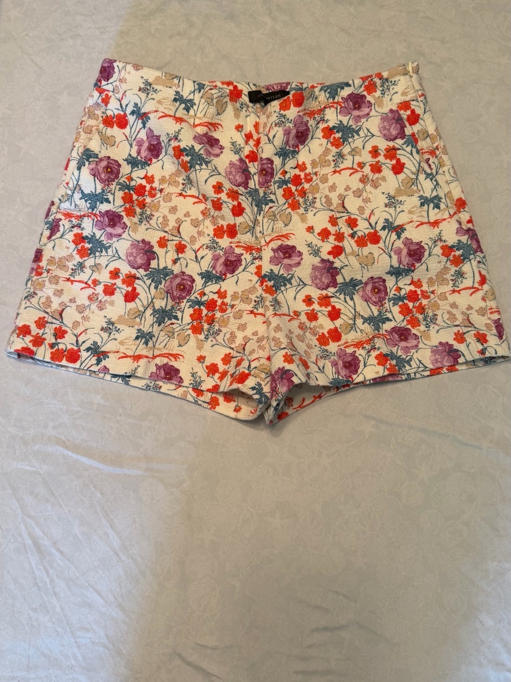 Ann Taylor Floral High Waist Shorts - Cream with Purple & Orange Flowers